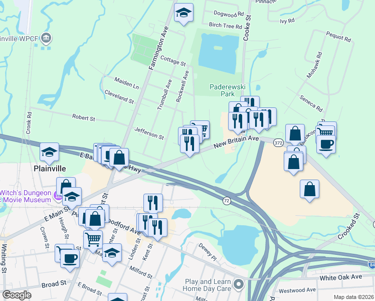 map of restaurants, bars, coffee shops, grocery stores, and more near 116 Williams Street in Plainville