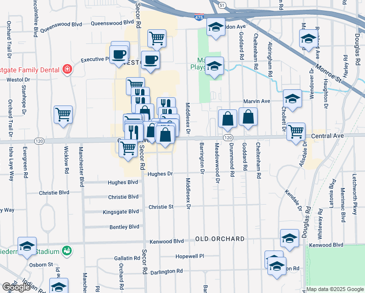 map of restaurants, bars, coffee shops, grocery stores, and more near 3100 Central Avenue in Toledo