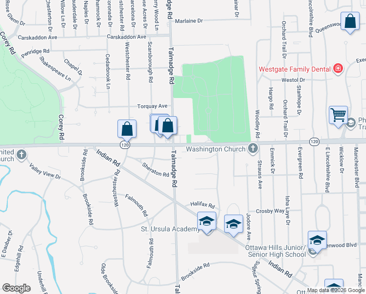 map of restaurants, bars, coffee shops, grocery stores, and more near 4210 Central Avenue in Toledo