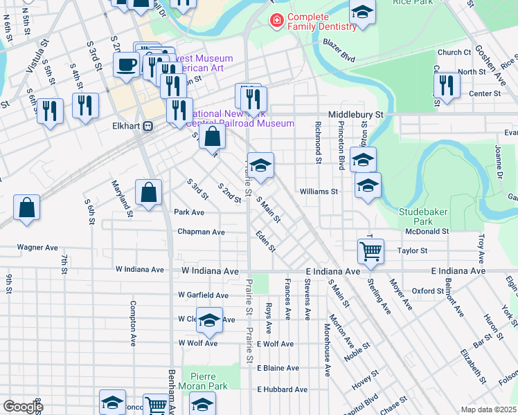 map of restaurants, bars, coffee shops, grocery stores, and more near 1122 South Main Street in Elkhart