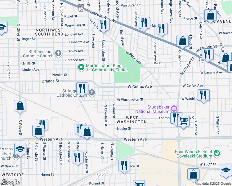 map of restaurants, bars, coffee shops, grocery stores, and more near 1233 West Colfax Avenue in South Bend