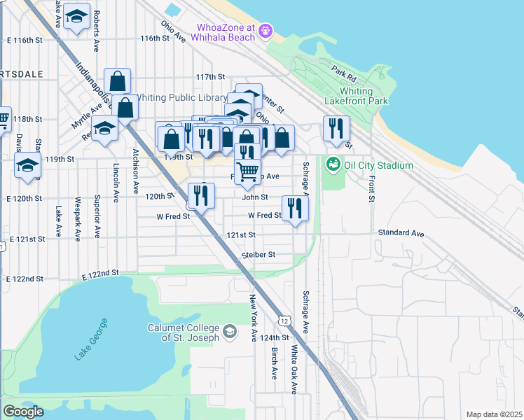 map of restaurants, bars, coffee shops, grocery stores, and more near 1521 John Street in Whiting