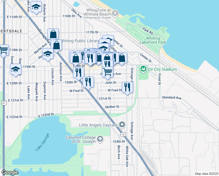 map of restaurants, bars, coffee shops, grocery stores, and more near 1950 New York Avenue in Whiting