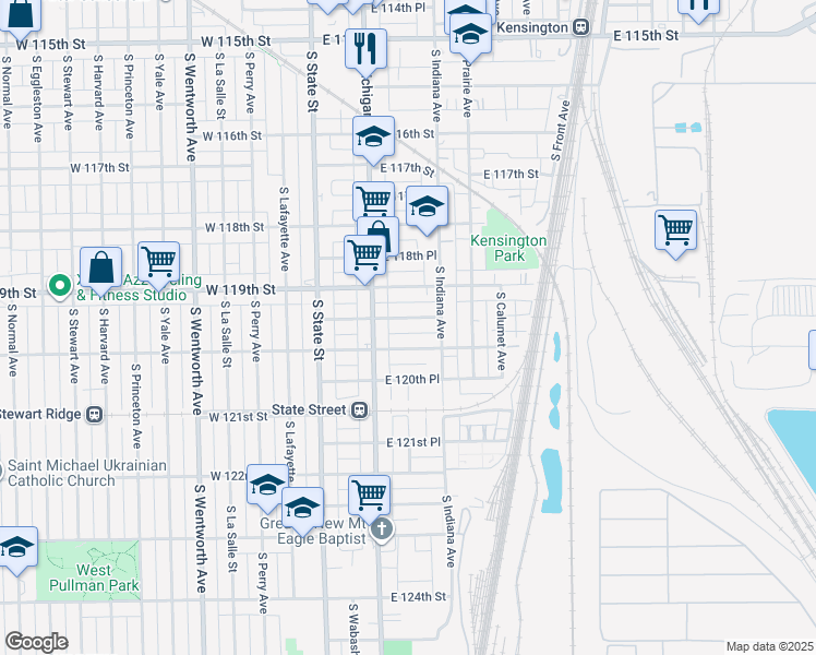 map of restaurants, bars, coffee shops, grocery stores, and more near 124 East 119th Place in Chicago