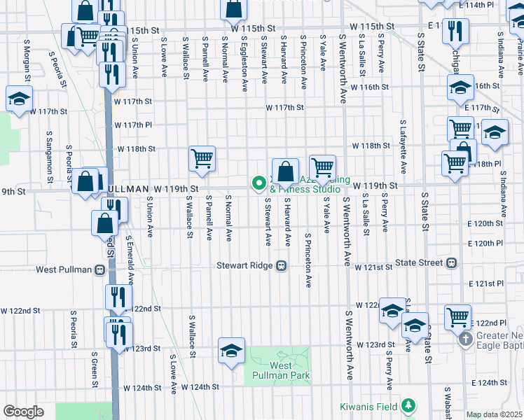 map of restaurants, bars, coffee shops, grocery stores, and more near 11913 South Eggleston Avenue in Chicago