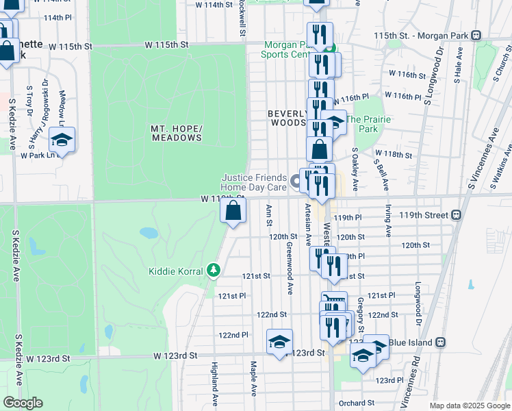 map of restaurants, bars, coffee shops, grocery stores, and more near 2556 119th Street in Blue Island