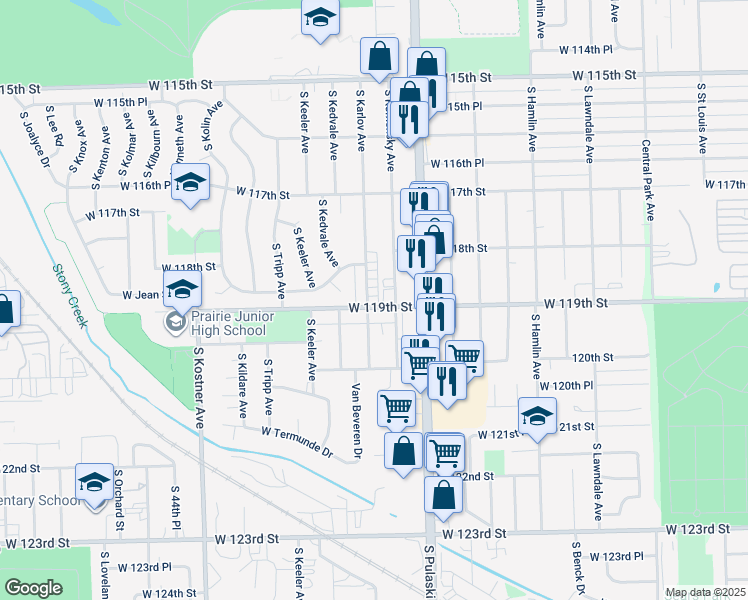 map of restaurants, bars, coffee shops, grocery stores, and more near 11830 South Komensky Avenue in Alsip