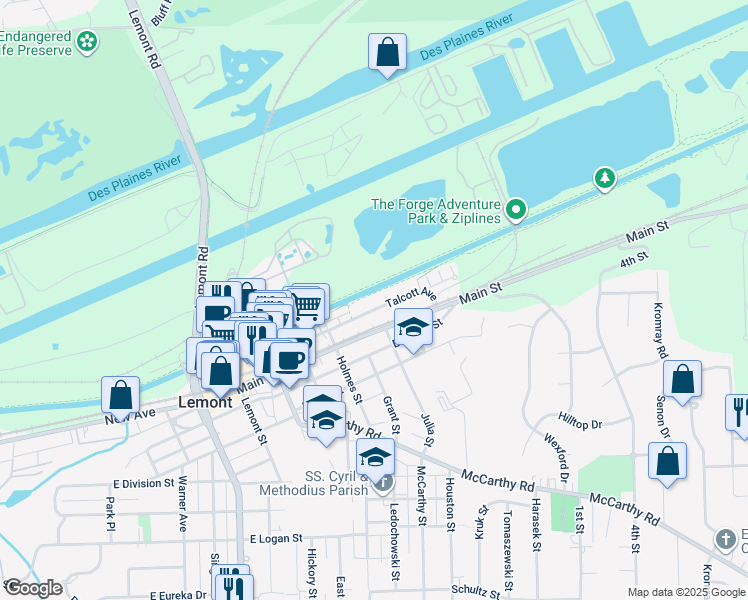 map of restaurants, bars, coffee shops, grocery stores, and more near 825 Talcott Avenue in Lemont