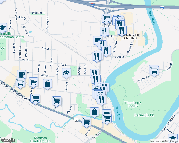 map of restaurants, bars, coffee shops, grocery stores, and more near 203 6th Street in Coralville