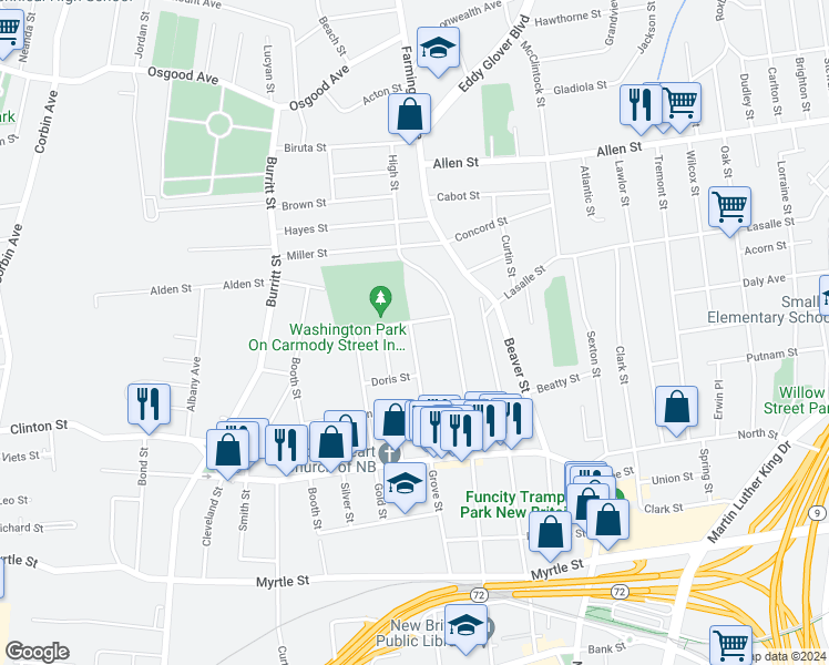 map of restaurants, bars, coffee shops, grocery stores, and more near 259 Grove St in New Britain