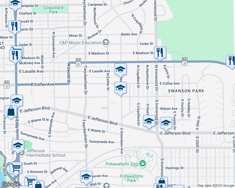 map of restaurants, bars, coffee shops, grocery stores, and more near 123 North Greenlawn Avenue in South Bend