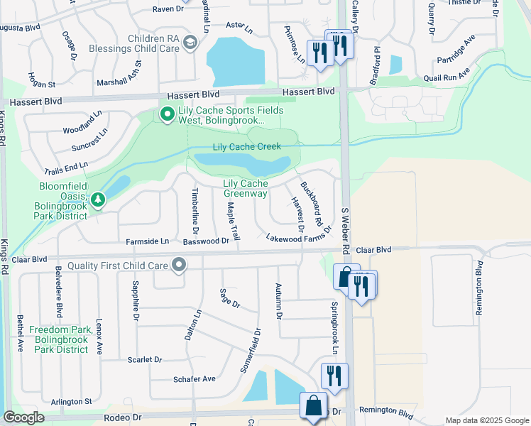 map of restaurants, bars, coffee shops, grocery stores, and more near 597 Red Barn Trail in Bolingbrook