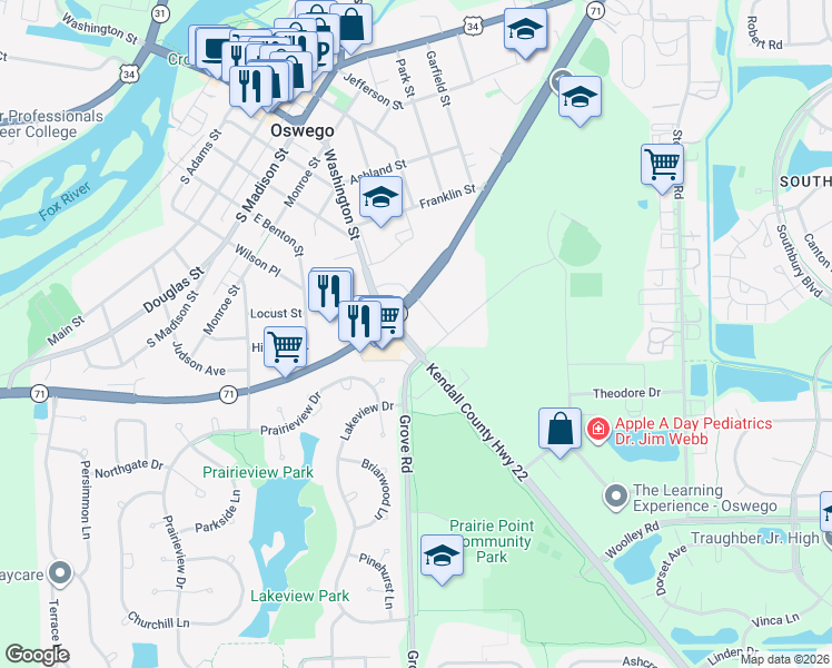 map of restaurants, bars, coffee shops, grocery stores, and more near 293 Calumet Street in Oswego