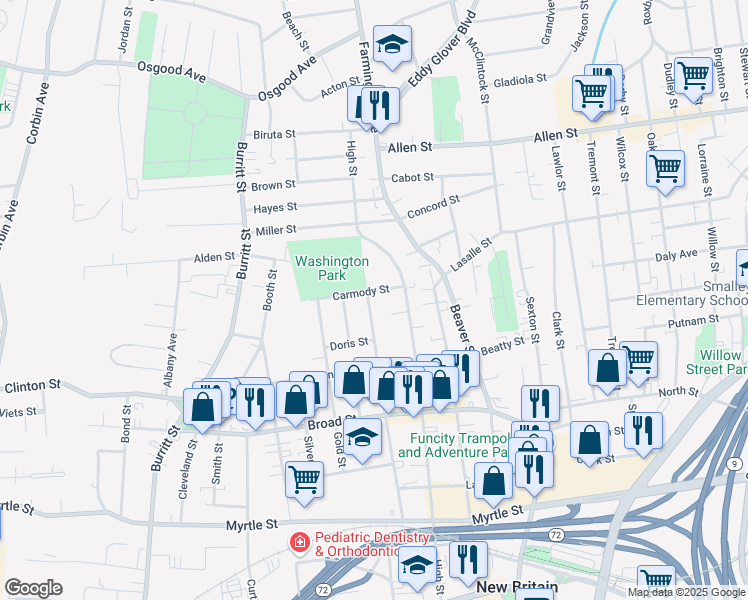 map of restaurants, bars, coffee shops, grocery stores, and more near 259 Grove Street in New Britain