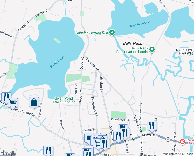 map of restaurants, bars, coffee shops, grocery stores, and more near 236 Division Street in Dennis
