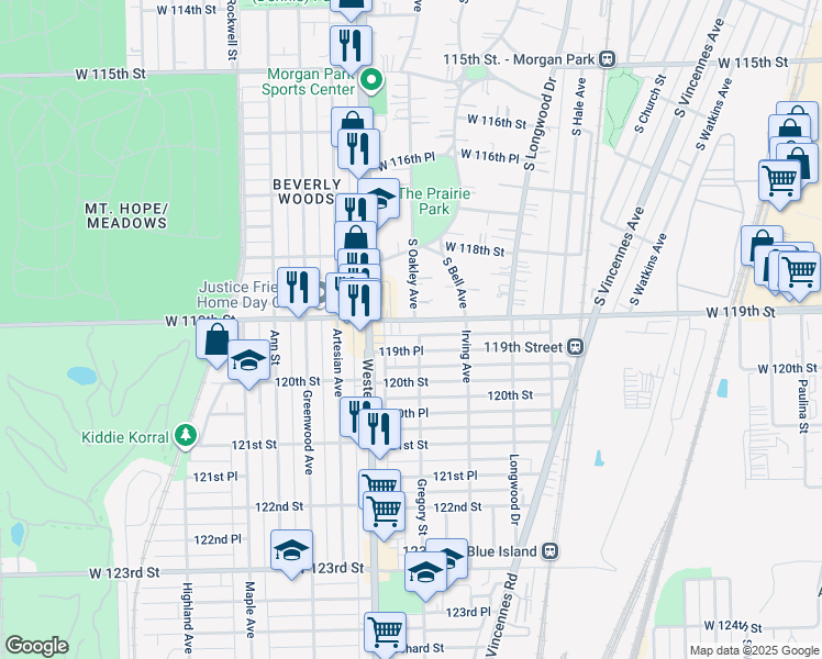 map of restaurants, bars, coffee shops, grocery stores, and more near 11903 Gregory Street in Blue Island