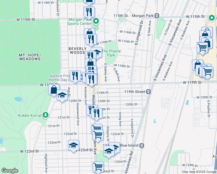map of restaurants, bars, coffee shops, grocery stores, and more near 11903 Gregory Street in Blue Island