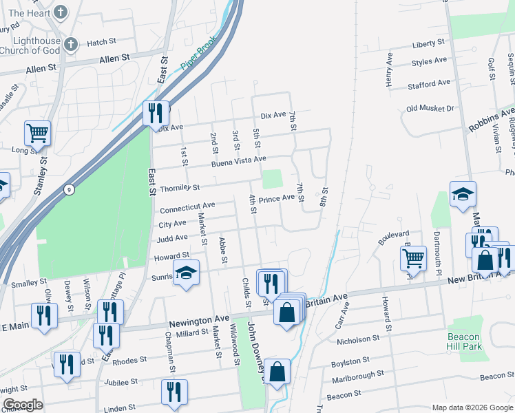map of restaurants, bars, coffee shops, grocery stores, and more near 35 4th Street in New Britain