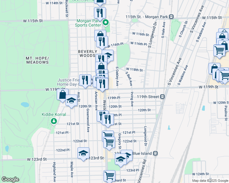 map of restaurants, bars, coffee shops, grocery stores, and more near 2329 119th Street in Blue Island