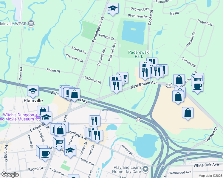 map of restaurants, bars, coffee shops, grocery stores, and more near 116 Williams Street in Plainville
