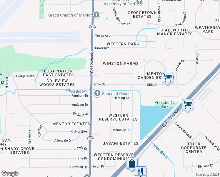 map of restaurants, bars, coffee shops, grocery stores, and more near 7424 Ohio Street in Mentor