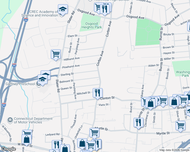 map of restaurants, bars, coffee shops, grocery stores, and more near 19 Belmont Street in New Britain