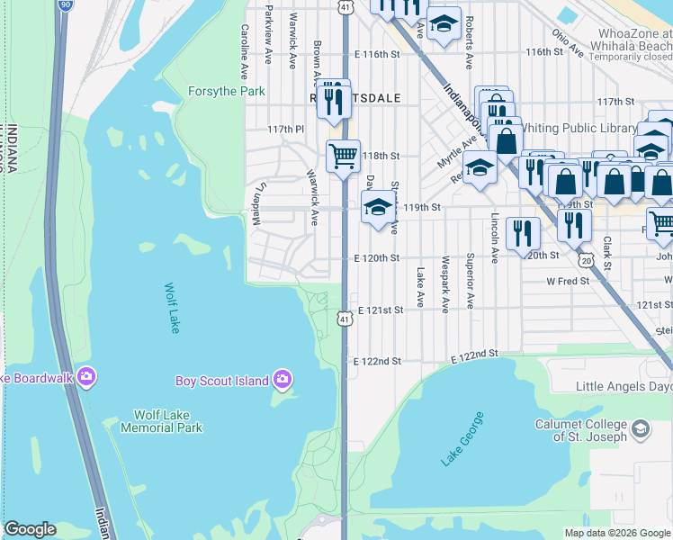 map of restaurants, bars, coffee shops, grocery stores, and more near 1941 Calumet Avenue in Whiting
