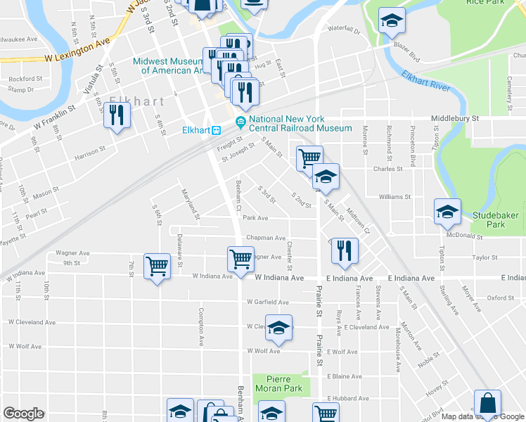 map of restaurants, bars, coffee shops, grocery stores, and more near 1032 McKinley Avenue in Elkhart