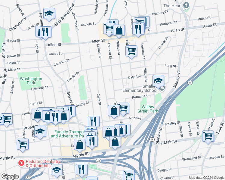 map of restaurants, bars, coffee shops, grocery stores, and more near 118 Tremont Street in New Britain