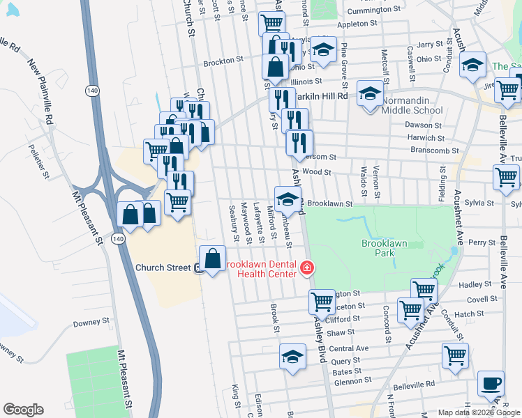 map of restaurants, bars, coffee shops, grocery stores, and more near 317 Brooklawn Avenue in New Bedford