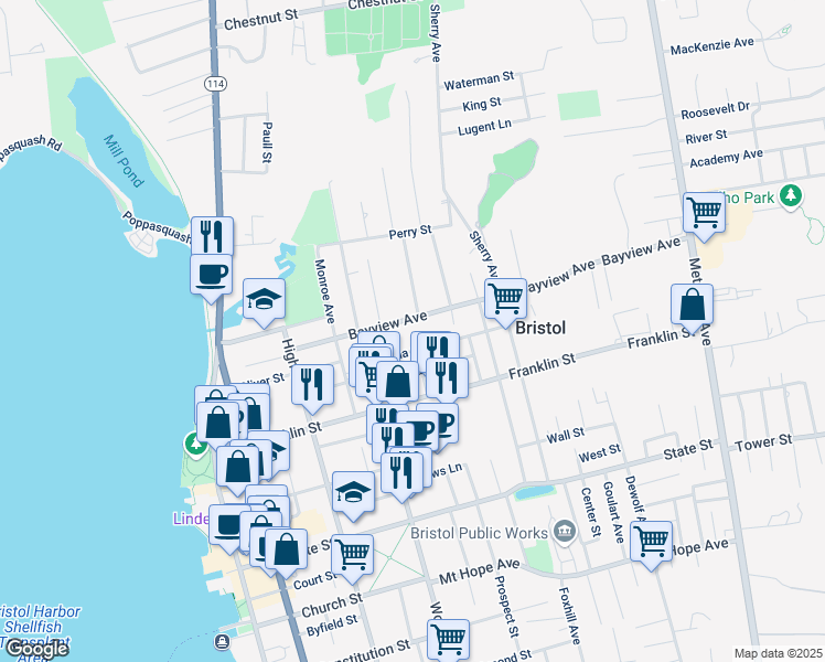 map of restaurants, bars, coffee shops, grocery stores, and more near 93 Bayview Avenue in Bristol
