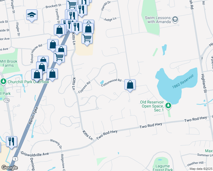 map of restaurants, bars, coffee shops, grocery stores, and more near 182 Cottonwood Road in Newington