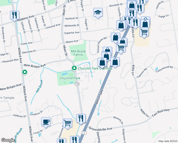 map of restaurants, bars, coffee shops, grocery stores, and more near 431 Churchill Drive in Newington