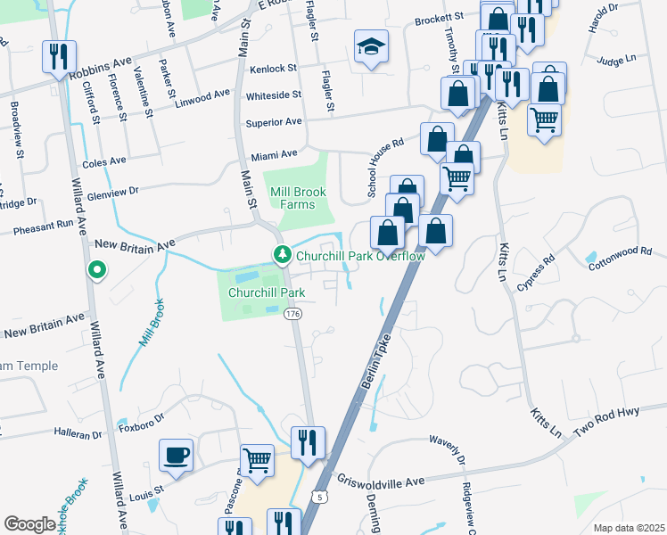 map of restaurants, bars, coffee shops, grocery stores, and more near 431 Churchill Drive in Newington