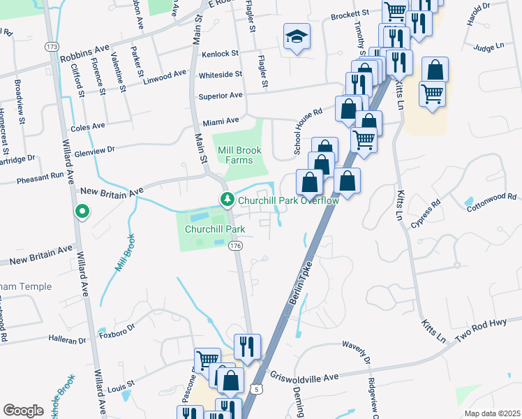 map of restaurants, bars, coffee shops, grocery stores, and more near 100 Churchill Drive in Newington