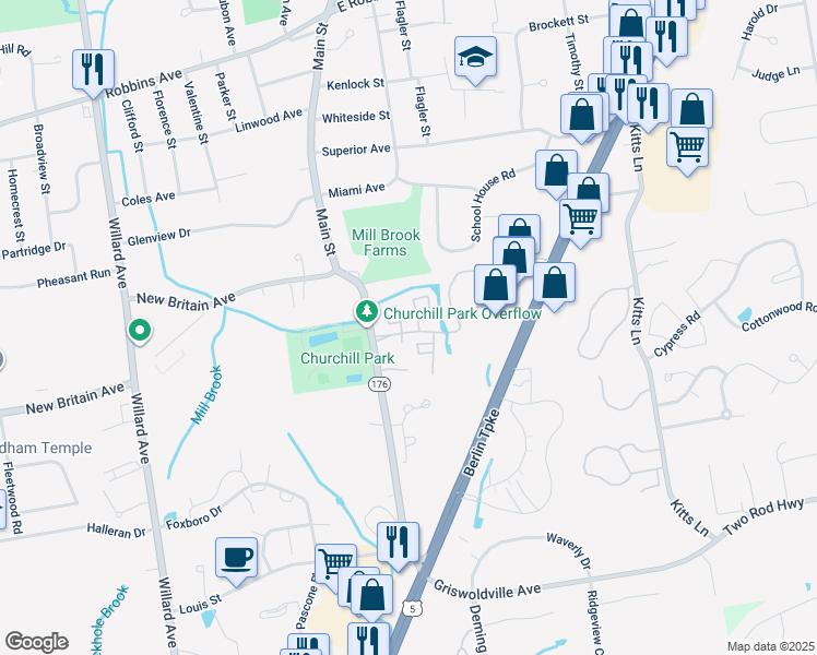 map of restaurants, bars, coffee shops, grocery stores, and more near 100 Churchill Drive in Newington