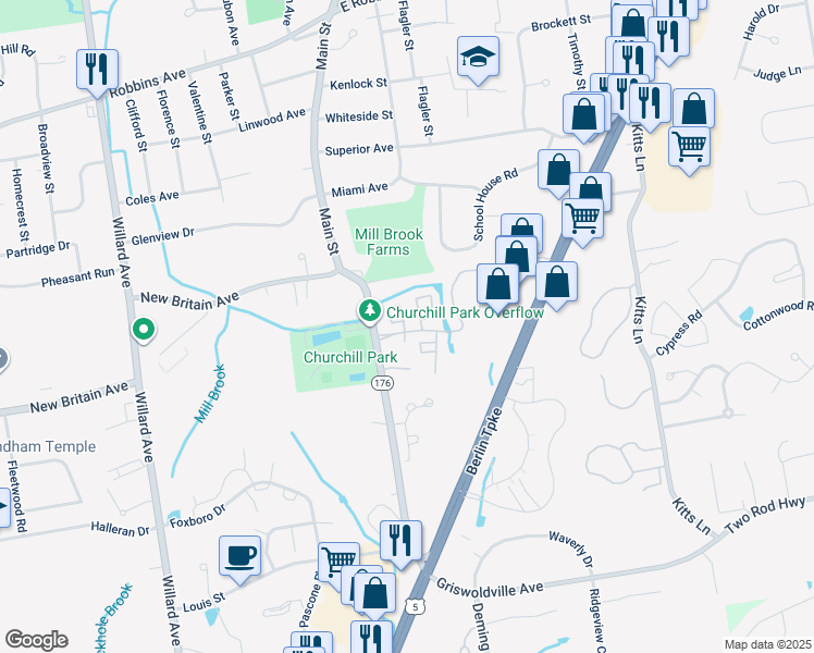 map of restaurants, bars, coffee shops, grocery stores, and more near 100 Churchill Drive in Newington