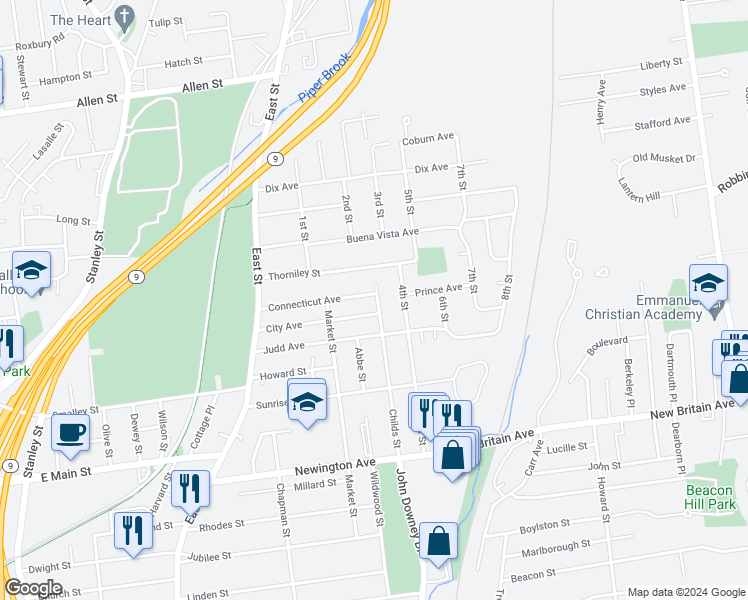 map of restaurants, bars, coffee shops, grocery stores, and more near 126 Connecticut Avenue in New Britain