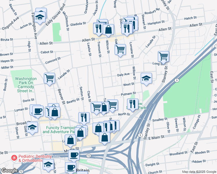 map of restaurants, bars, coffee shops, grocery stores, and more near 22 Wilcox Street in New Britain