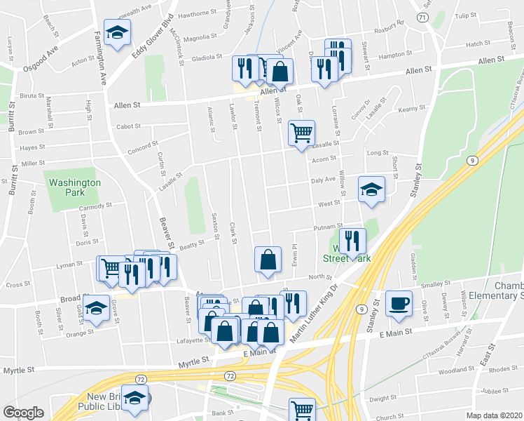 map of restaurants, bars, coffee shops, grocery stores, and more near 132 Tremont Street in New Britain