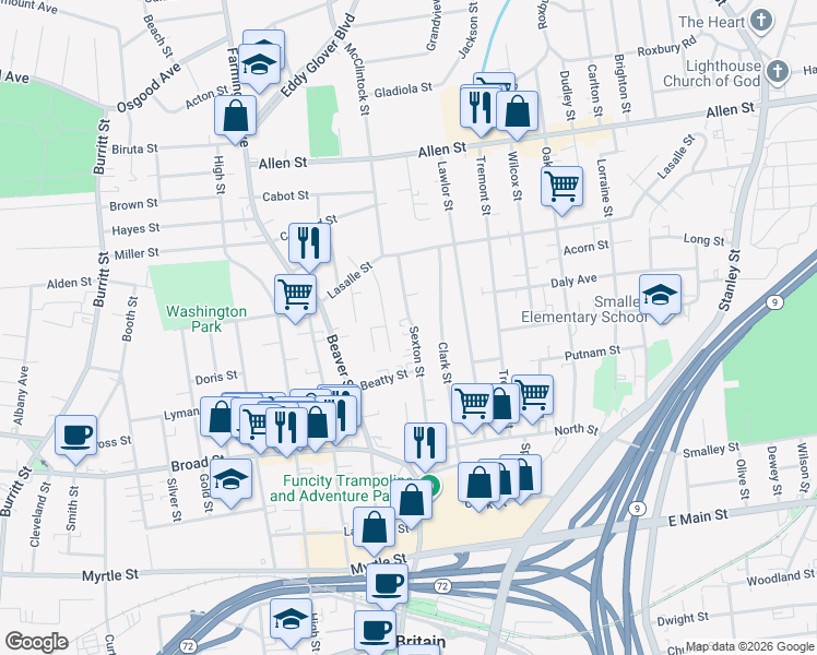 map of restaurants, bars, coffee shops, grocery stores, and more near 133 Sexton Street in New Britain