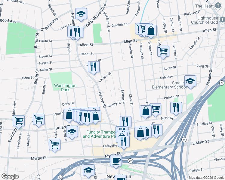 map of restaurants, bars, coffee shops, grocery stores, and more near 24 Lasalle Court in New Britain