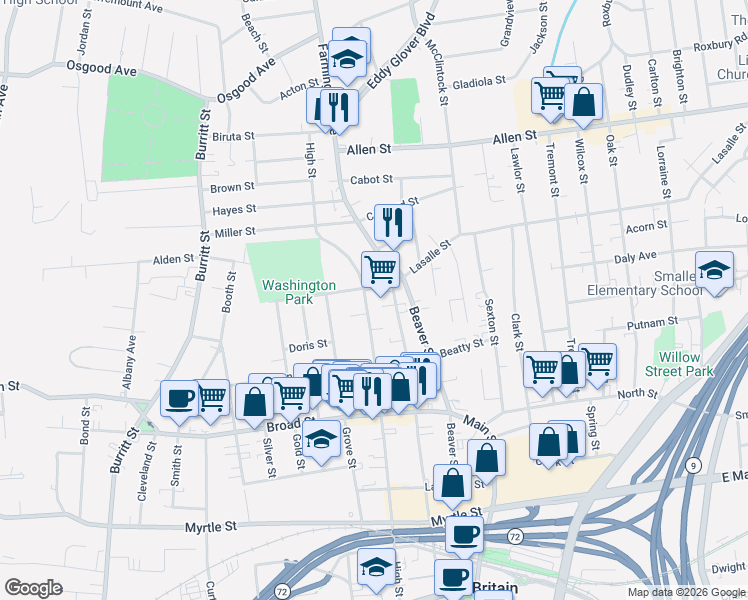 map of restaurants, bars, coffee shops, grocery stores, and more near 352 Washington Street in New Britain