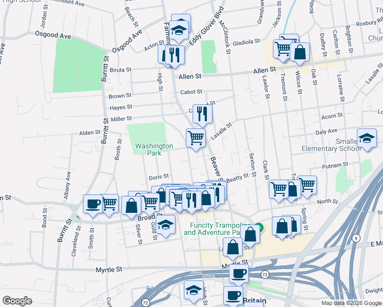 map of restaurants, bars, coffee shops, grocery stores, and more near 352 Washington Street in New Britain