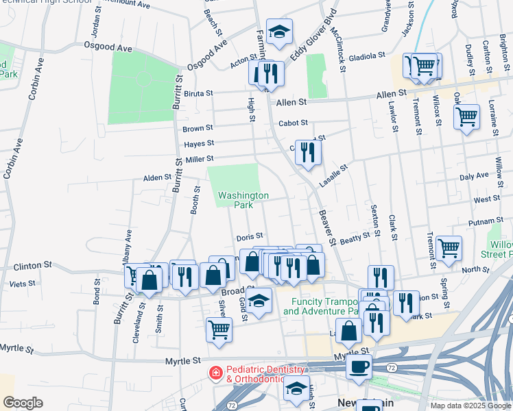 map of restaurants, bars, coffee shops, grocery stores, and more near 63 Carmody Street in New Britain