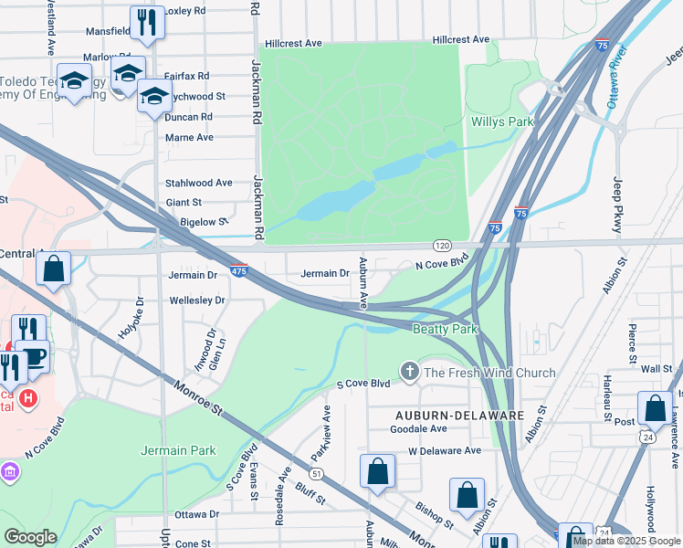 map of restaurants, bars, coffee shops, grocery stores, and more near in Toledo