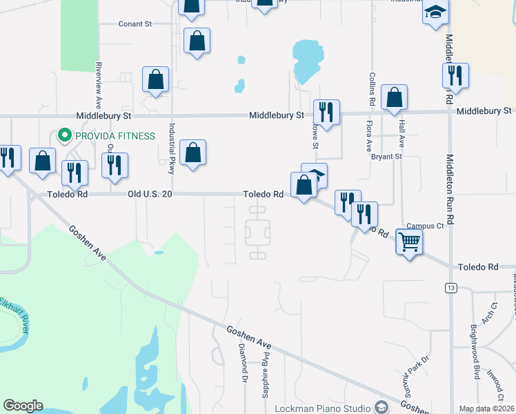 map of restaurants, bars, coffee shops, grocery stores, and more near 23990 Toledo Road in Elkhart