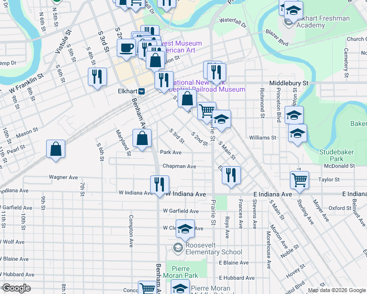 map of restaurants, bars, coffee shops, grocery stores, and more near 1018 South 3rd Street in Elkhart