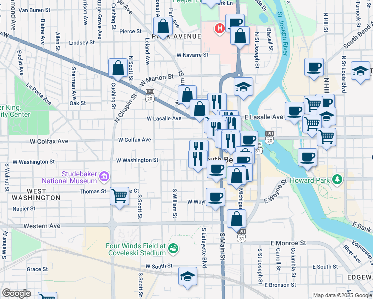 map of restaurants, bars, coffee shops, grocery stores, and more near 330 West Colfax Avenue in South Bend