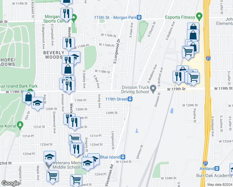 map of restaurants, bars, coffee shops, grocery stores, and more near 11865 South Longwood Drive in Chicago